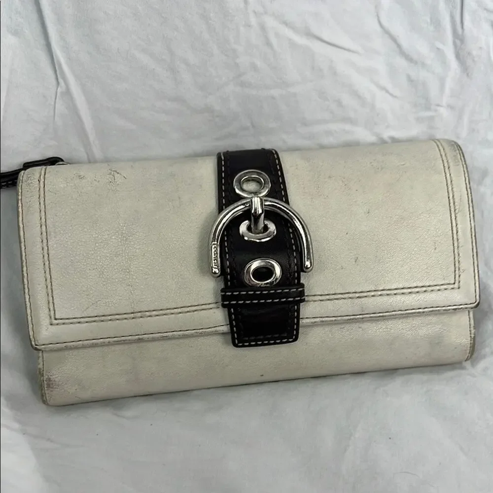 Coach White and Dark Brown Clutch with Silver Accent